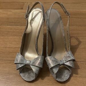 Stuart Weitzman Taupe Snake-Print Bow Slingback Peep-Toe Heels